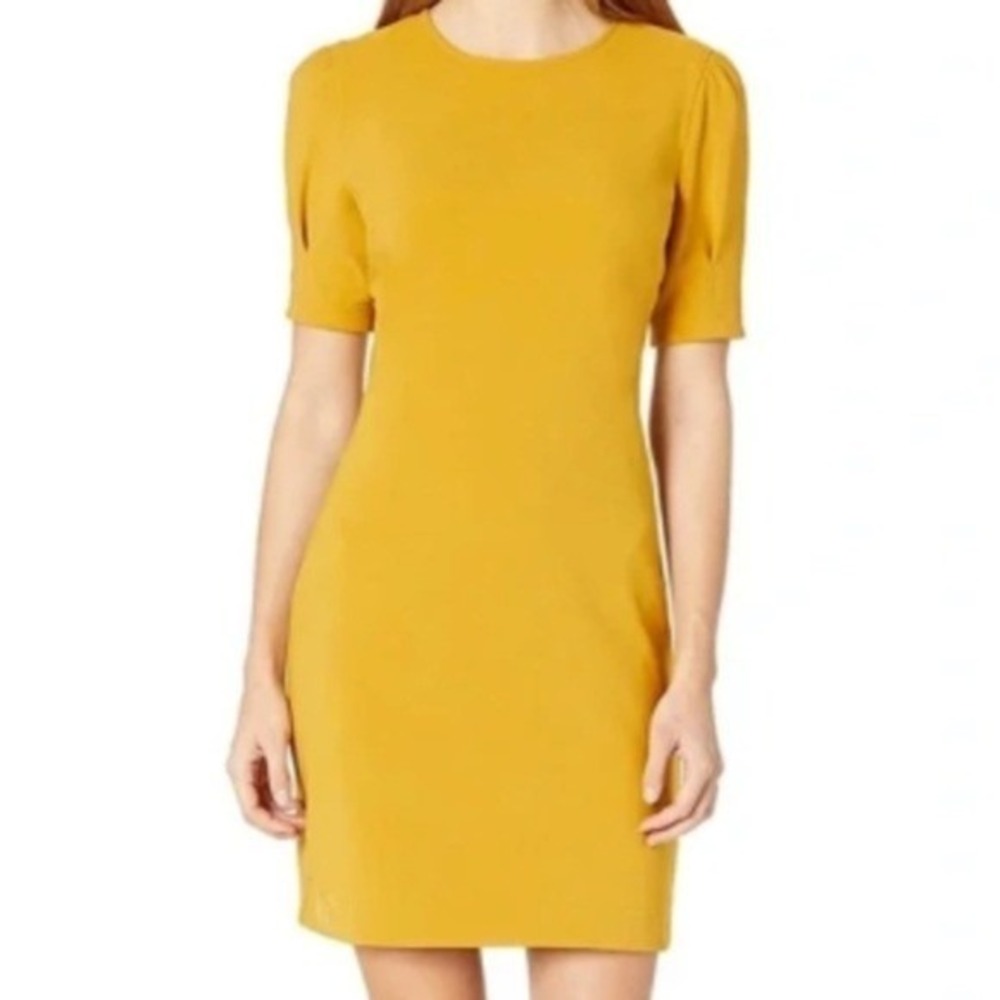Yellow Crepe Puff Sleeve Shift Dress size 6 Mustard Short Sleeve Crew Neck